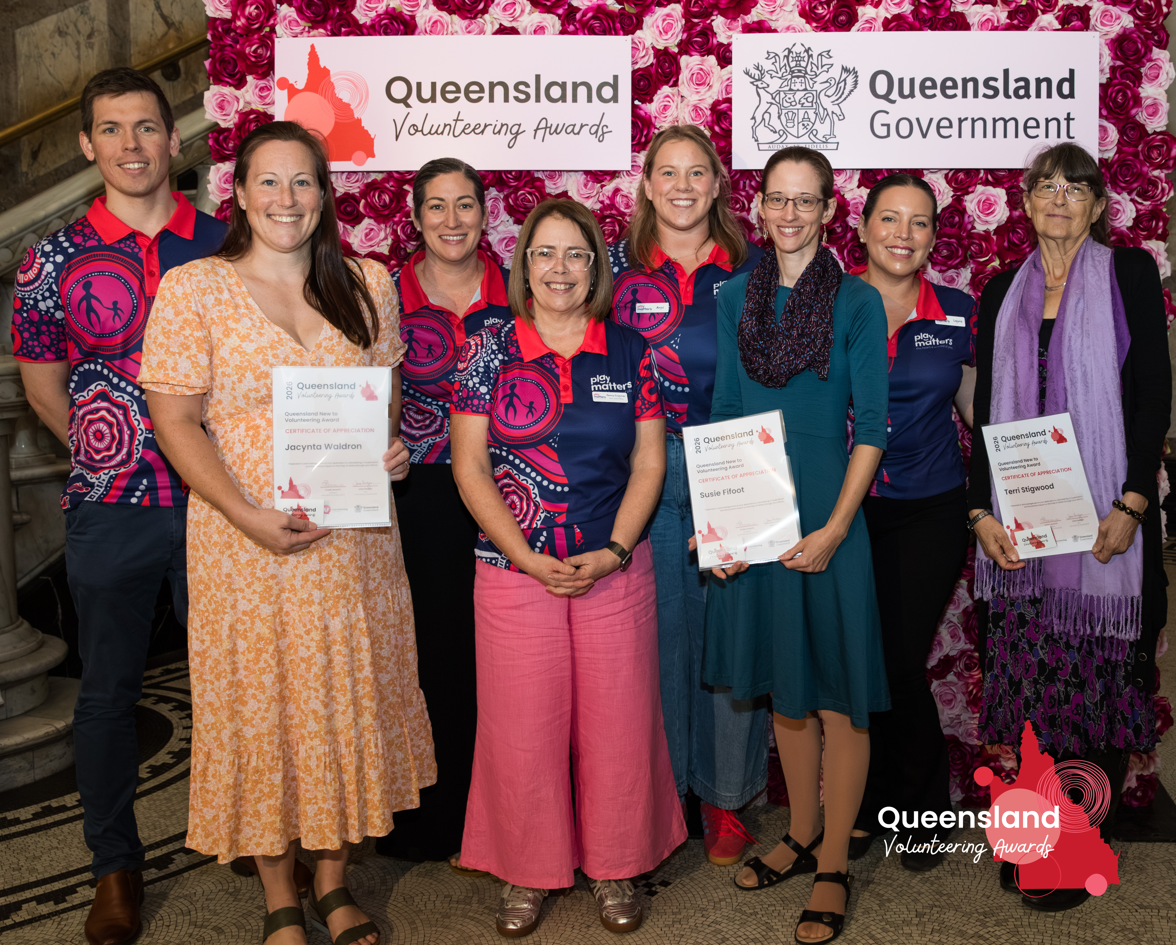 Play Matters Australia team members with nominated community playgroup volunteers at the 2026 Queensland Volunteer Awards