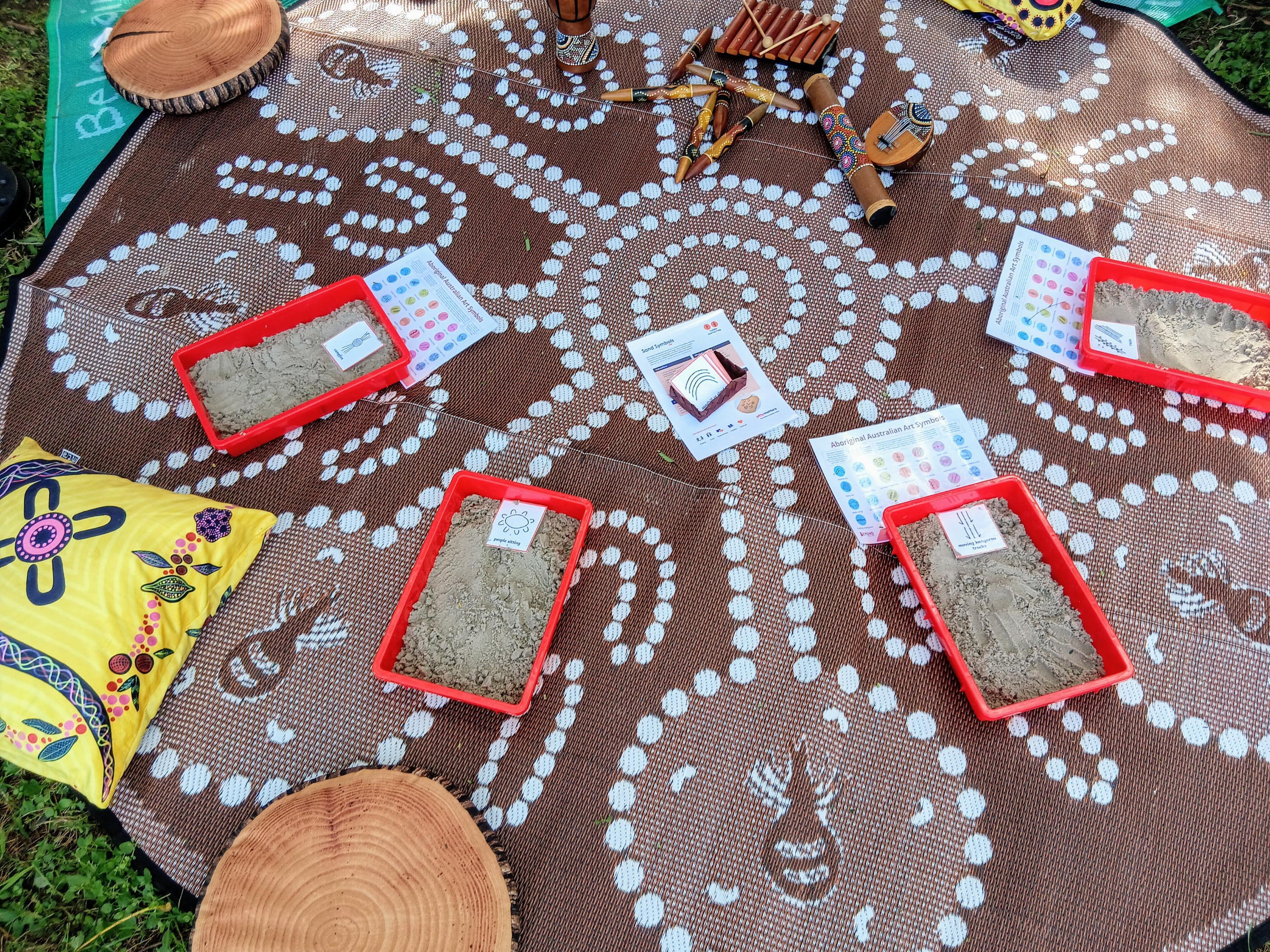 A First Nations based activity set up on a welcome mat.